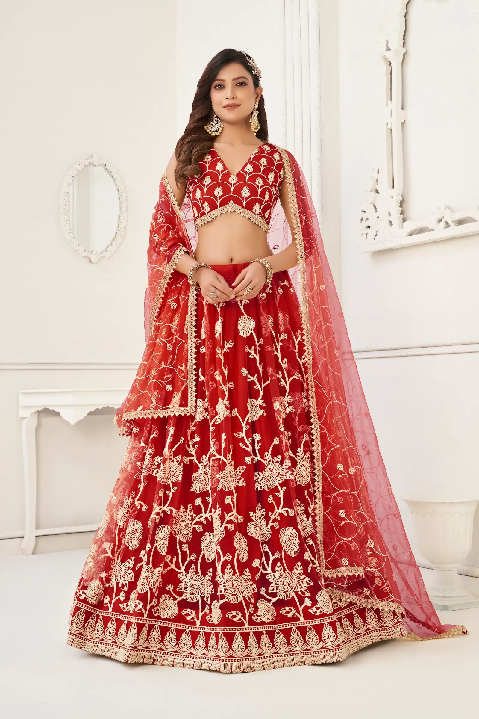 Red Net Lehenga Choli With White Cotton Thread Work, Zari Work & Sequence Work - qivii