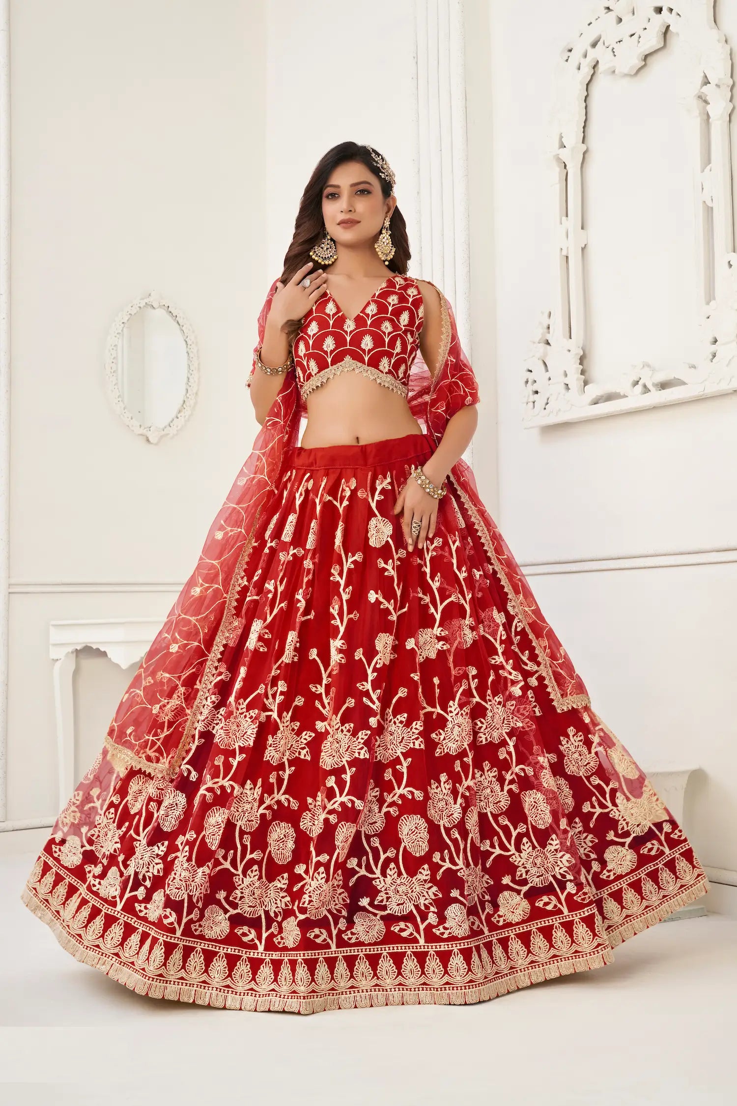 Red Net Lehenga Choli With White Cotton Thread Work, Zari Work & Sequence Work - qivii