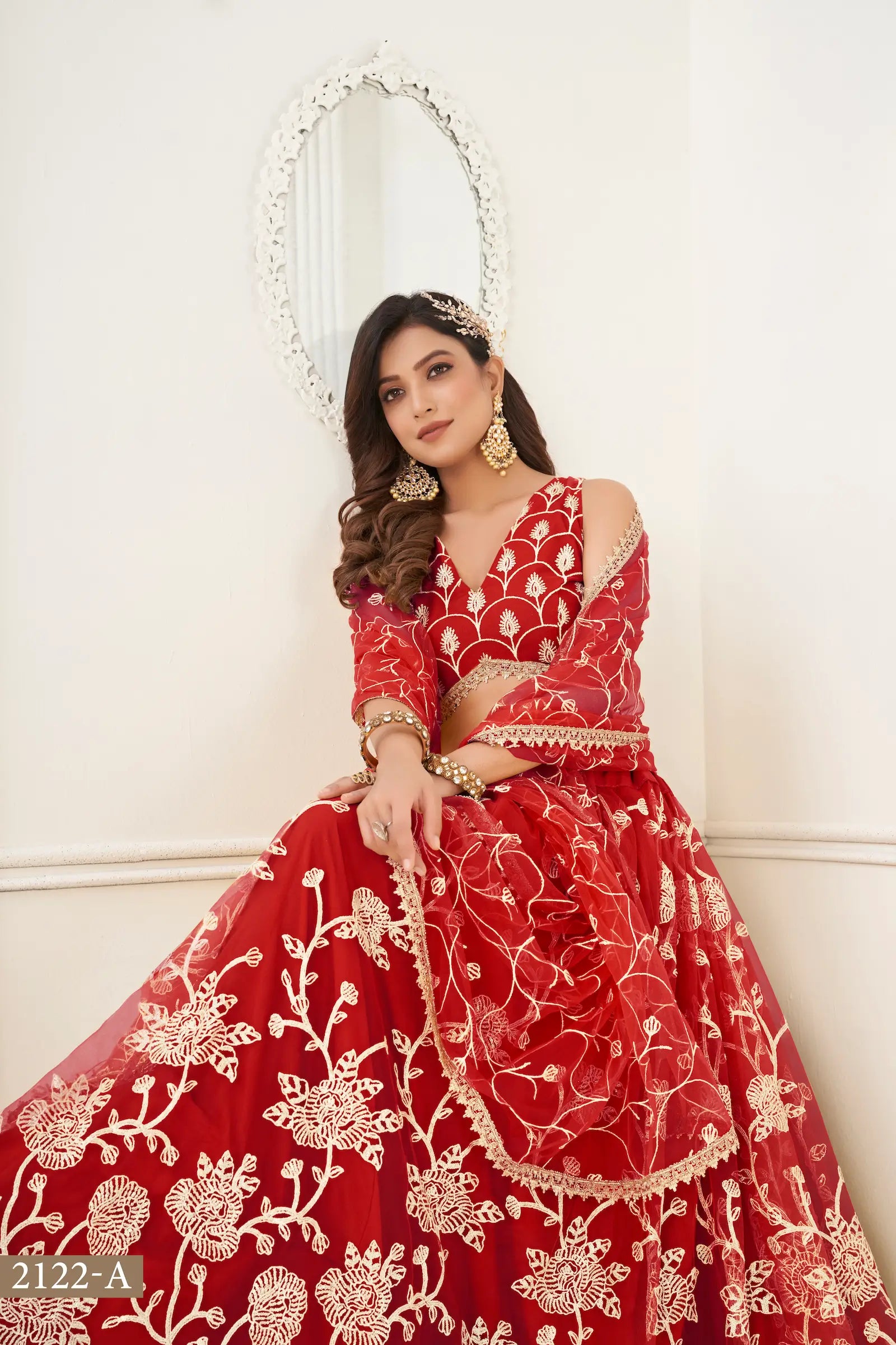 Red Net Lehenga Choli With White Cotton Thread Work, Zari Work & Sequence Work - qivii