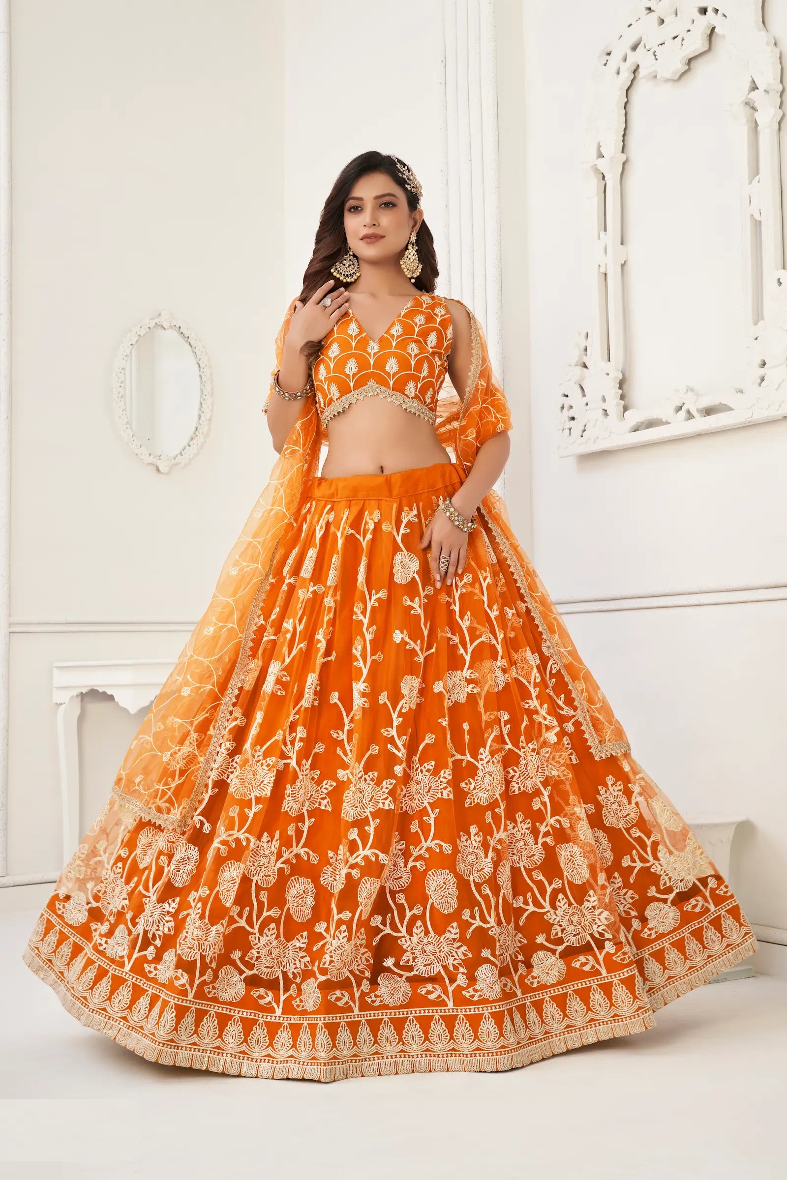 Orange Net Lehenga Choli With White Cotton Thread Work, Zari Work & Sequence Work - qivii