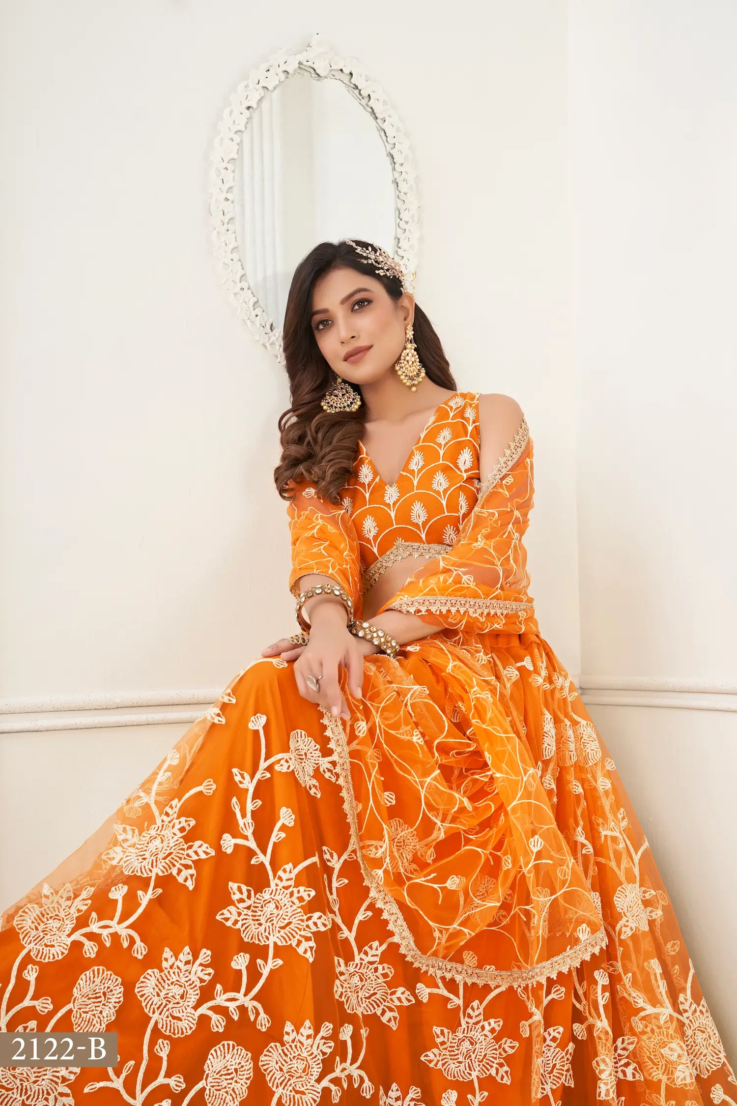 Orange Net Lehenga Choli With White Cotton Thread Work, Zari Work & Sequence Work - qivii