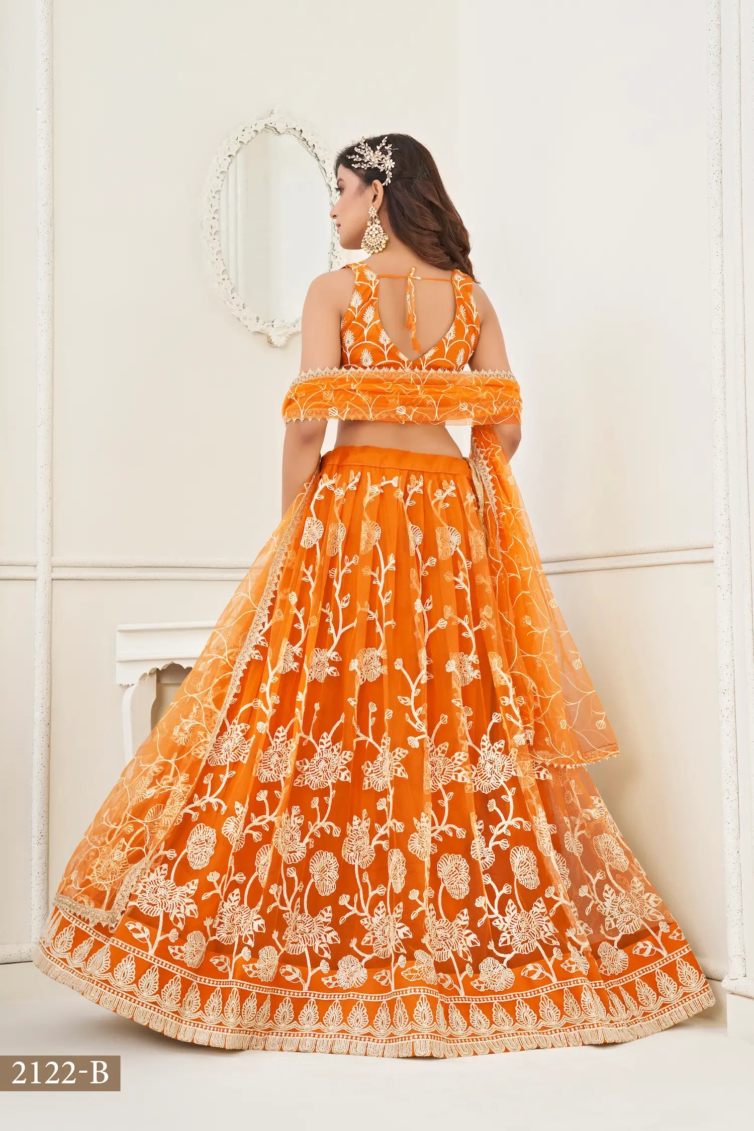 Orange Net Lehenga Choli With White Cotton Thread Work, Zari Work & Sequence Work - qivii