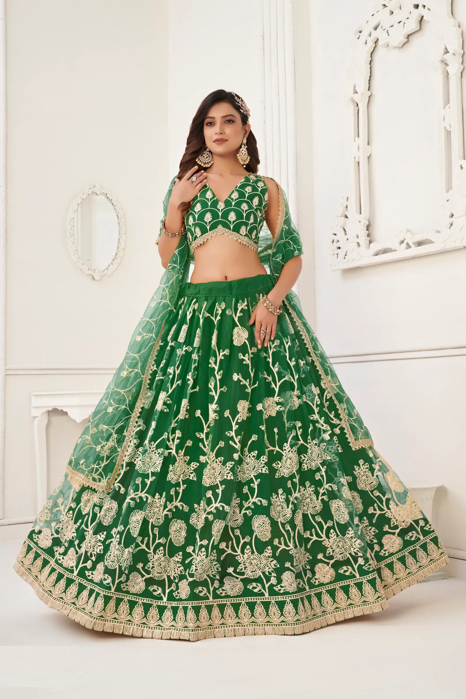 Green Net Lehenga Choli With White Cotton Thread Work, Zari Work & Sequence Work - qivii