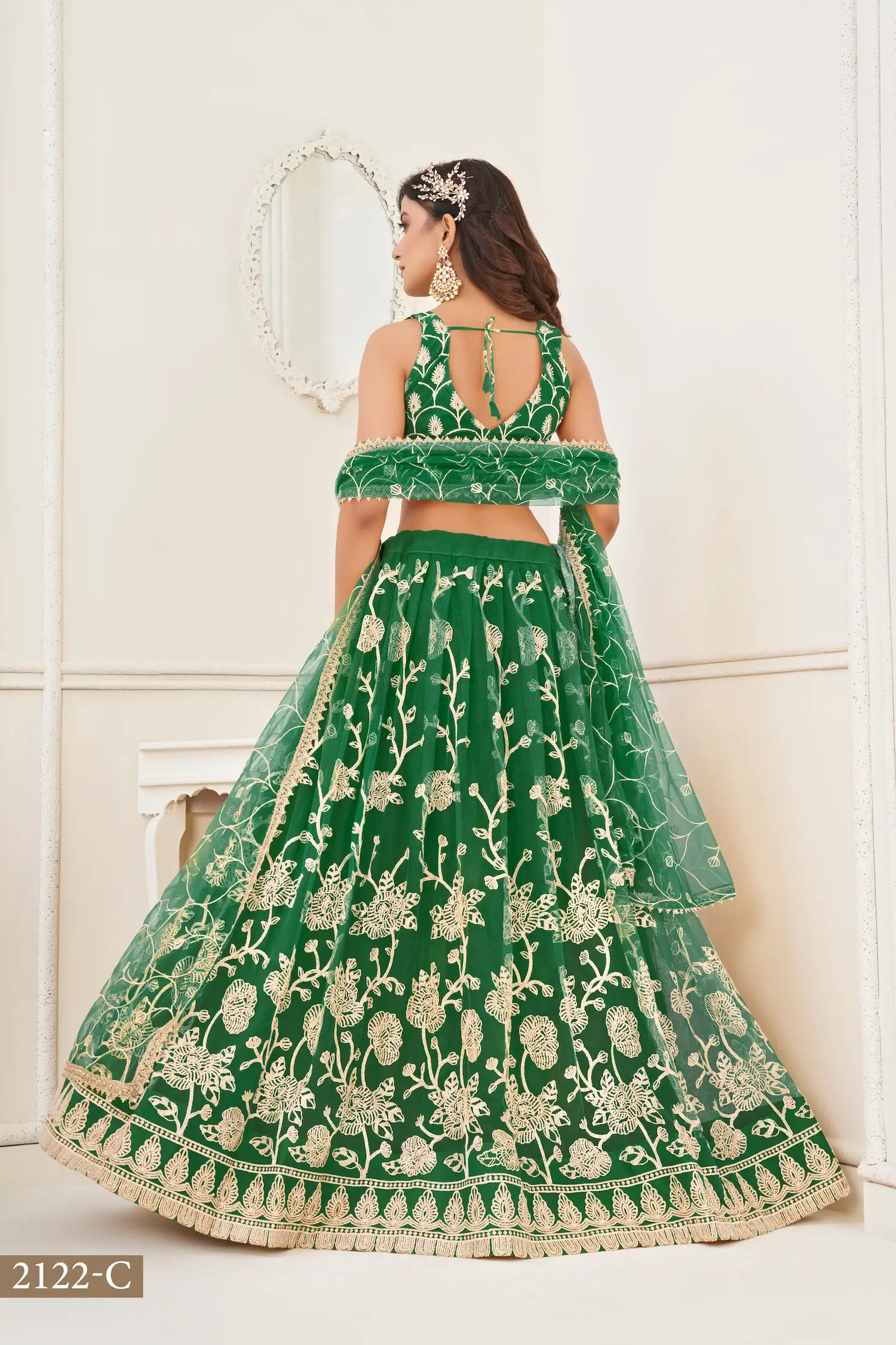 Green Net Lehenga Choli With White Cotton Thread Work, Zari Work & Sequence Work - qivii
