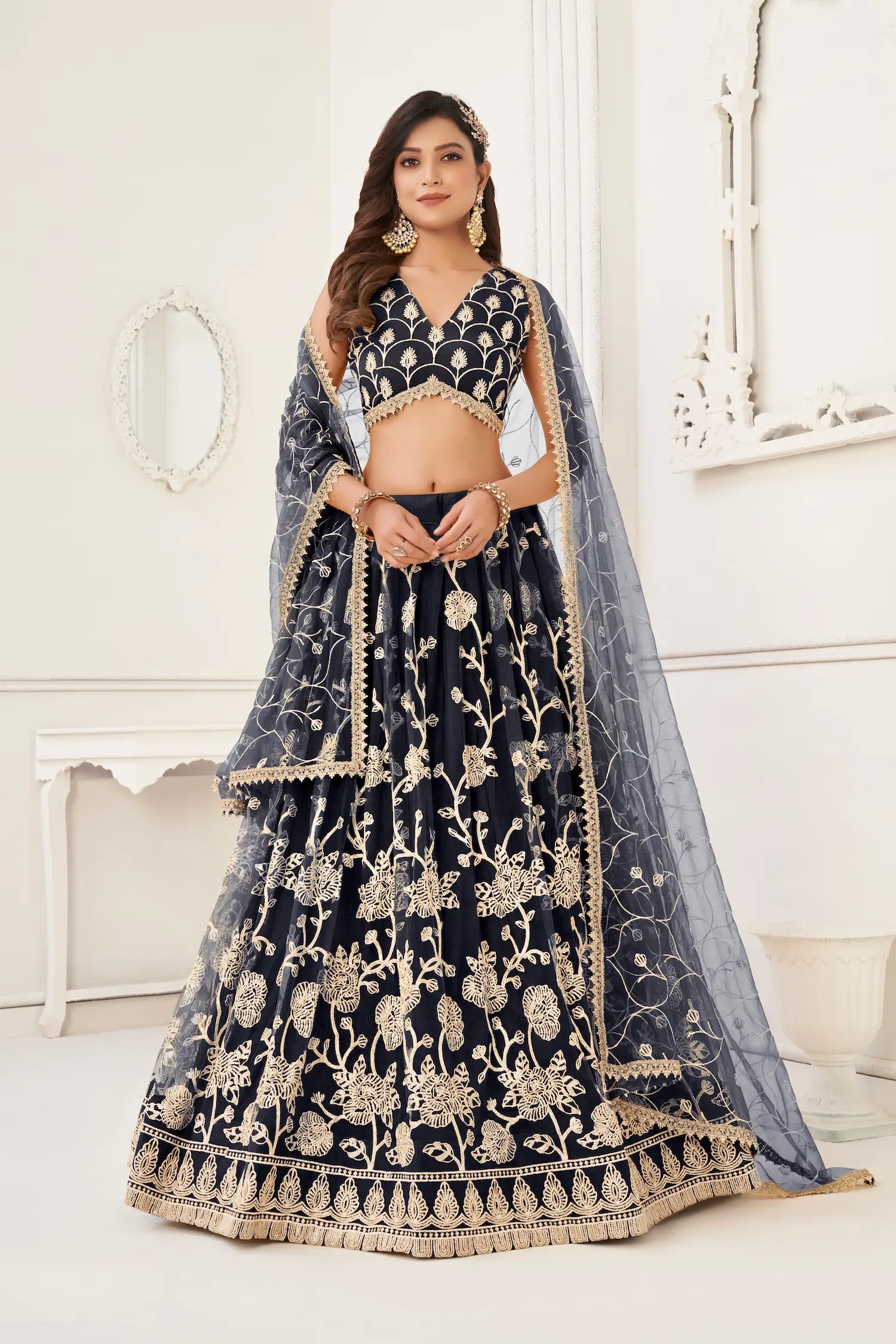Black Net Lehenga Choli With White Cotton Thread Work, Zari Work & Sequence Work - qivii