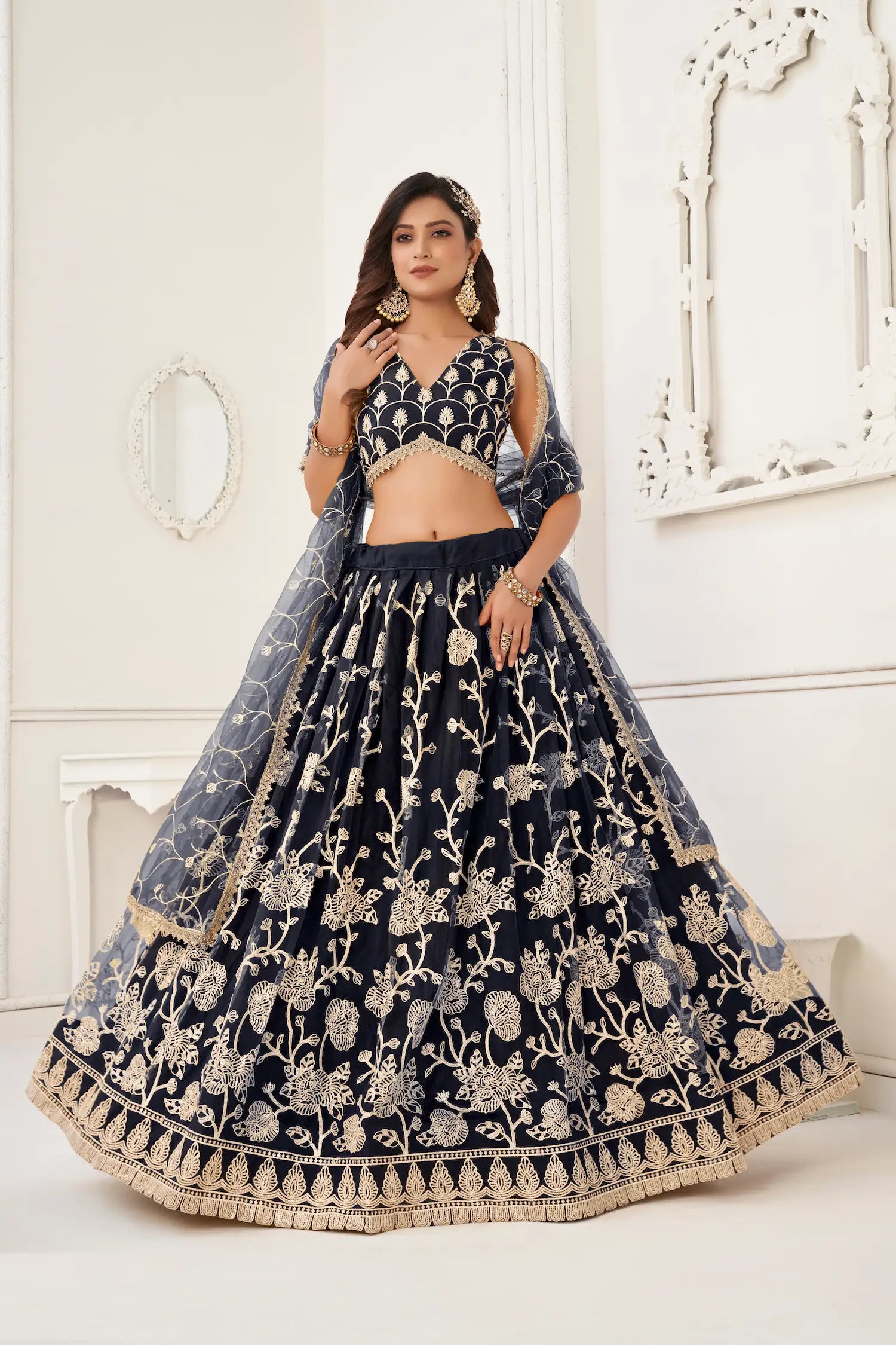 Black Net Lehenga Choli With White Cotton Thread Work, Zari Work & Sequence Work - qivii