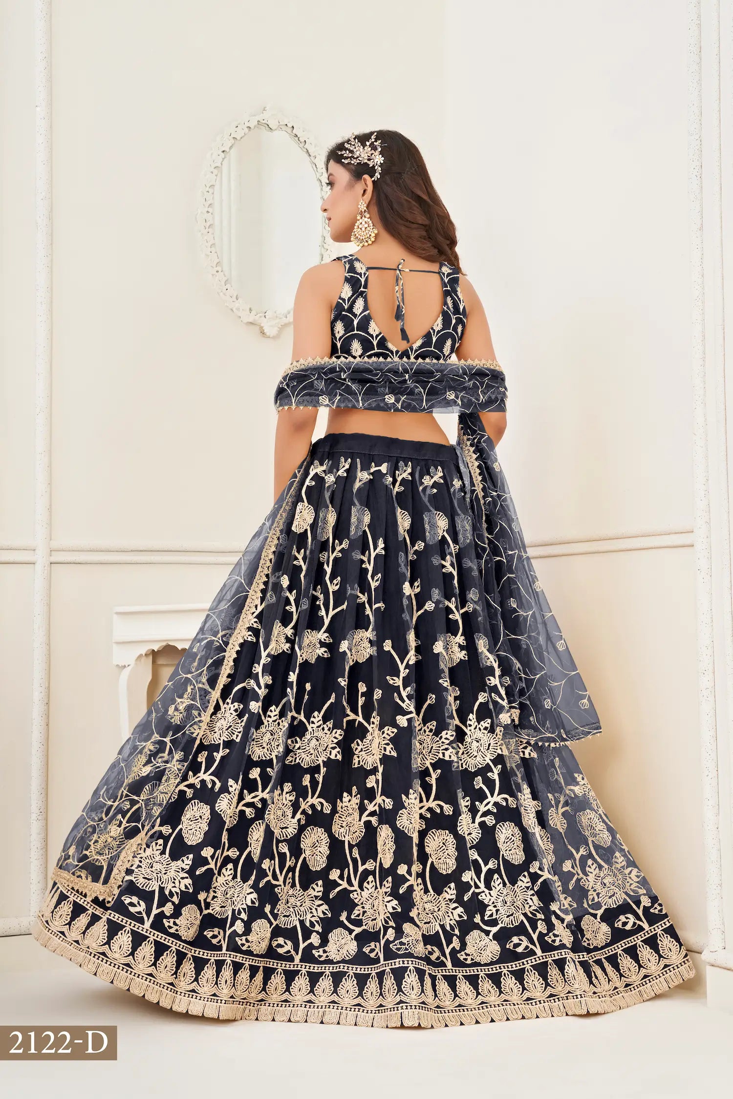 Black Net Lehenga Choli With White Cotton Thread Work, Zari Work & Sequence Work - qivii