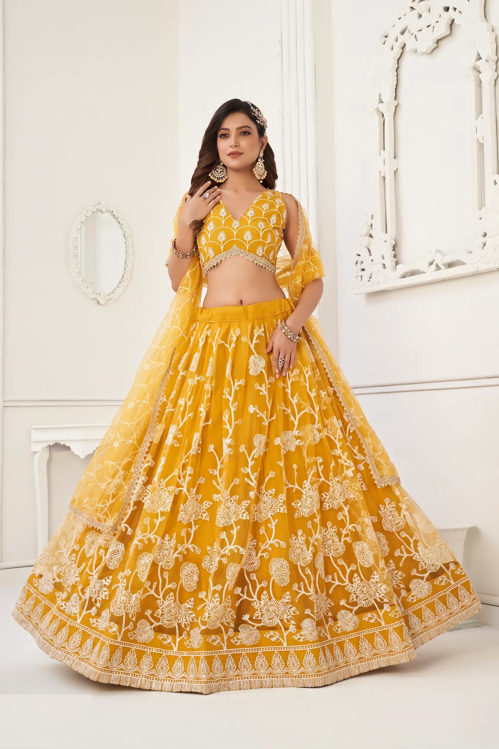 Yellow Net Lehenga Choli With White Cotton Thread Work, Zari Work & Sequence Work - qivii