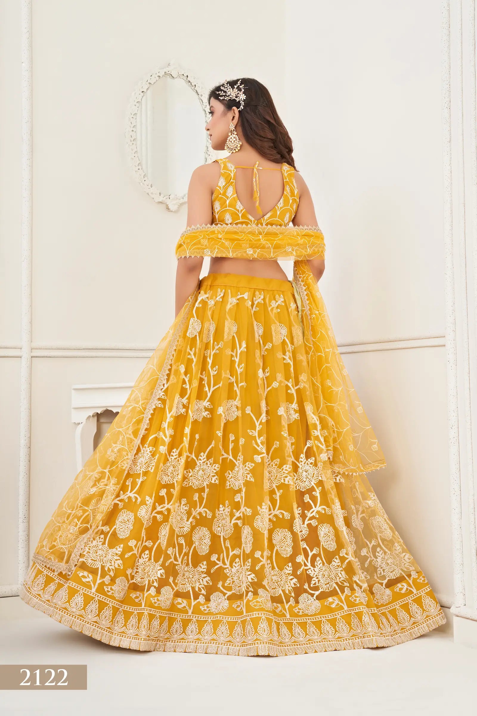Yellow Net Lehenga Choli With White Cotton Thread Work, Zari Work & Sequence Work - qivii