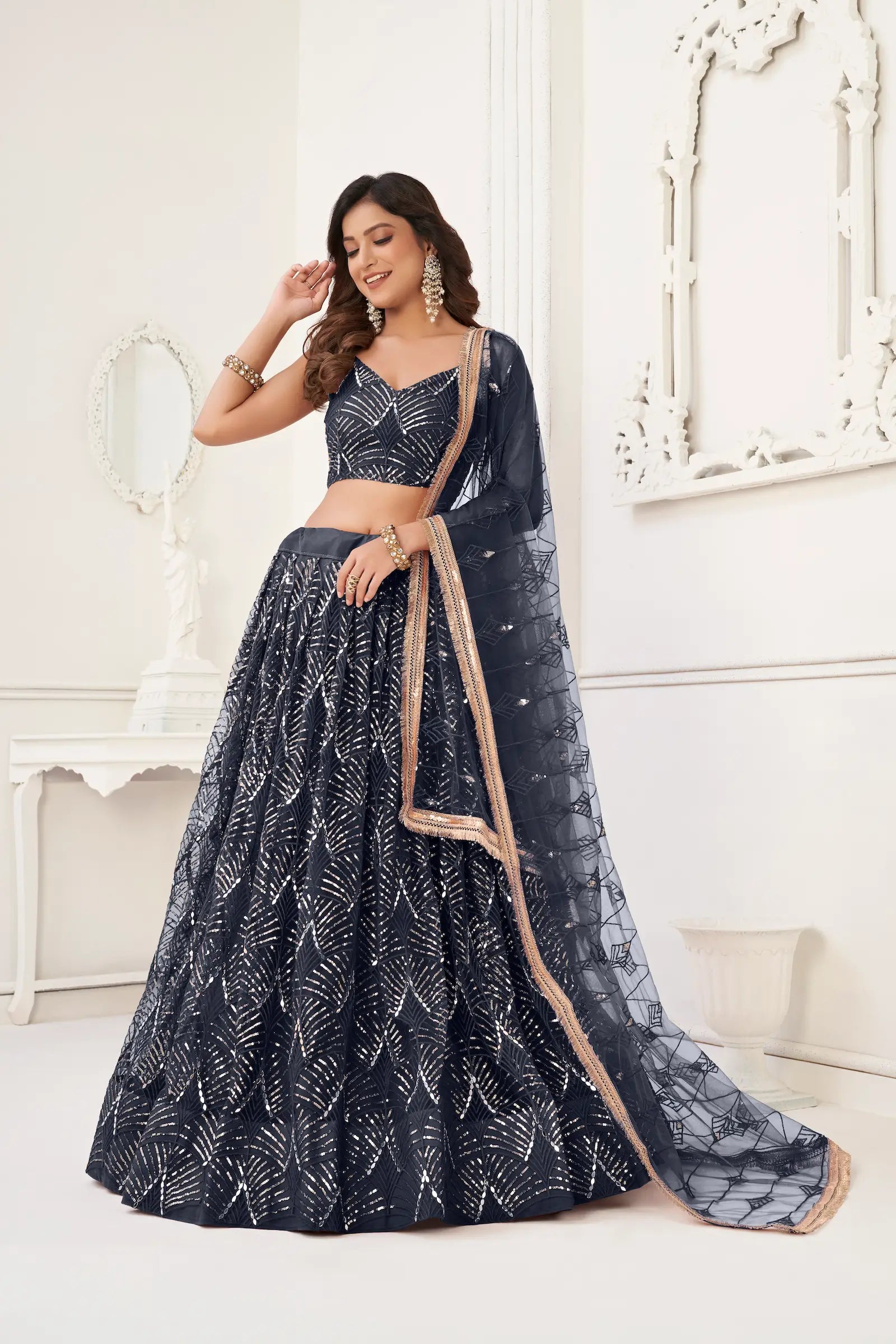 Black Net Lehenga Choli Thread Work, Mirror Work & Sequence Embroidery Work - qivii