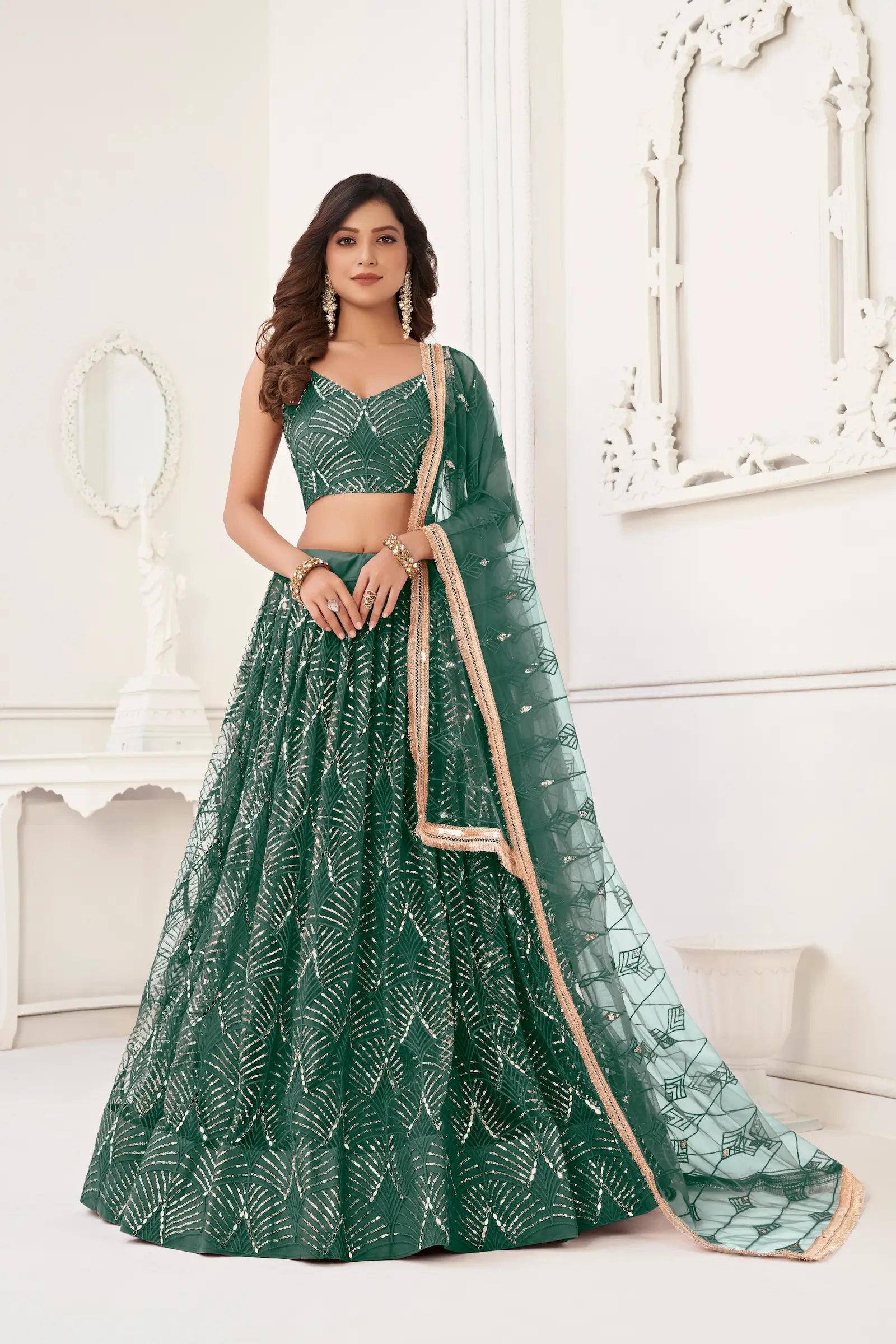 Bottle Green Net Lehenga Choli Thread Work, Mirror Work & Sequence Embroidery Work - qivii