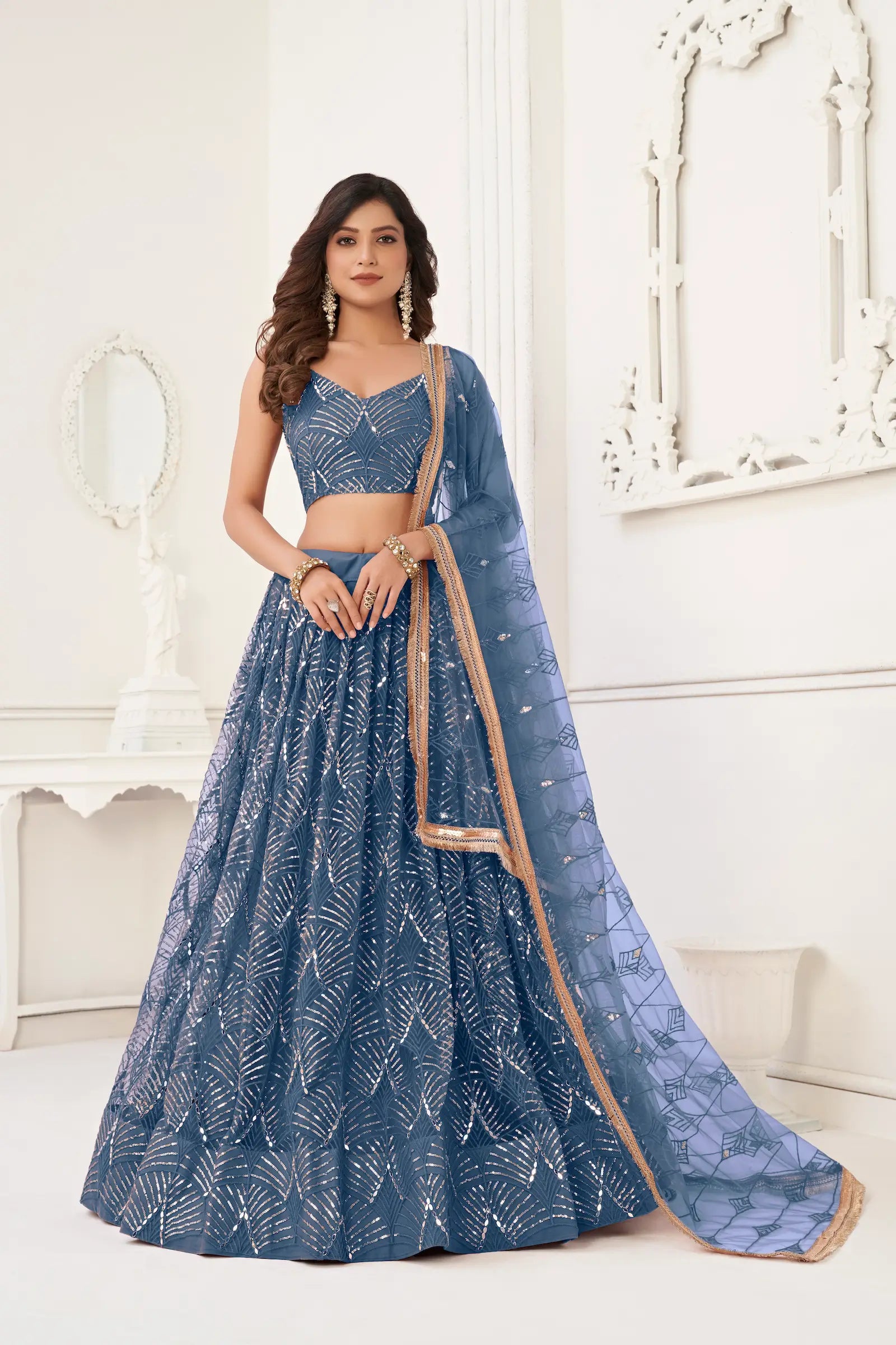 Teal Blue Net Lehenga Choli Thread Work, Mirror Work & Sequence Embroidery Work - qivii