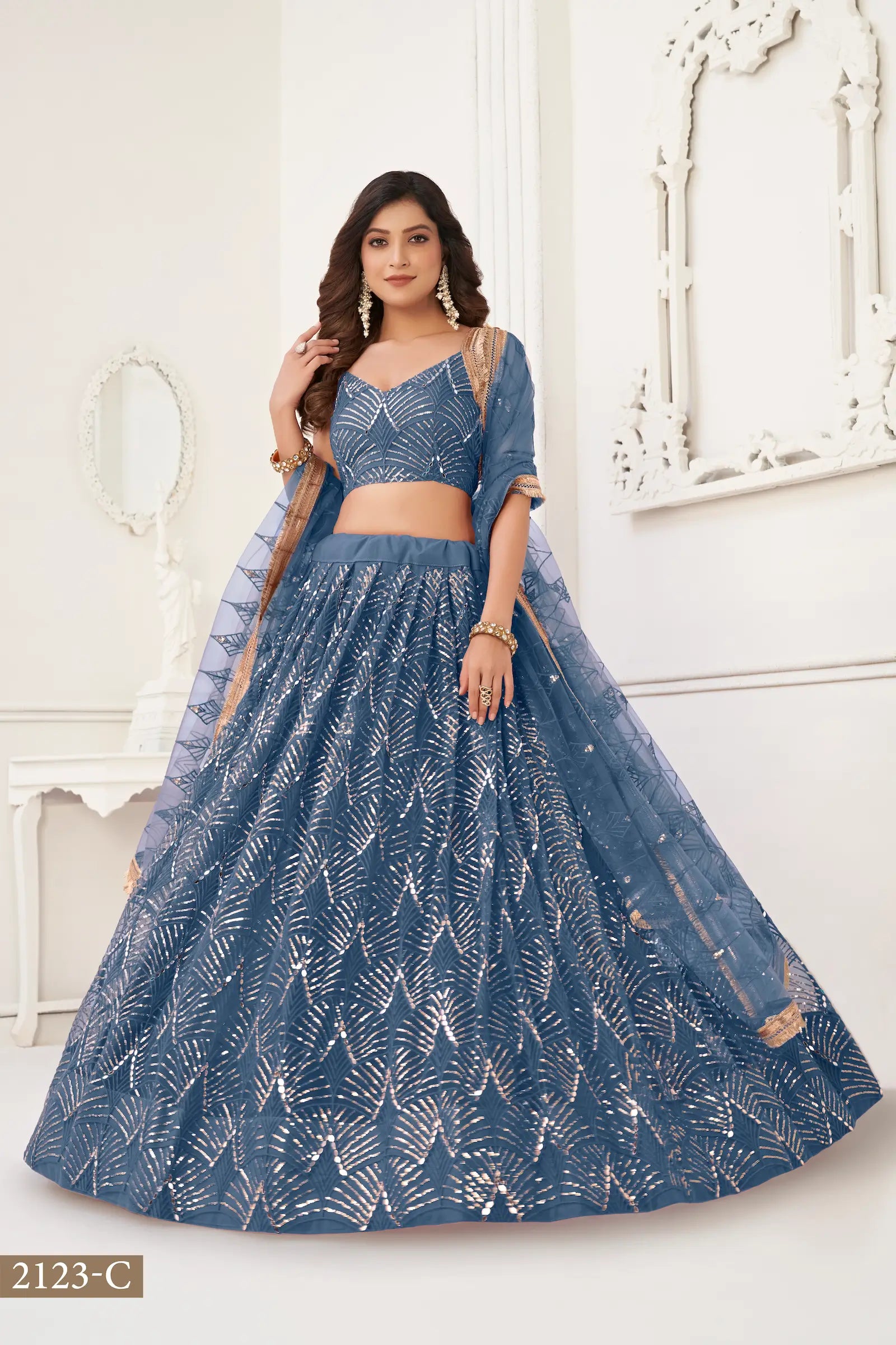 Teal Blue Net Lehenga Choli Thread Work, Mirror Work & Sequence Embroidery Work - qivii