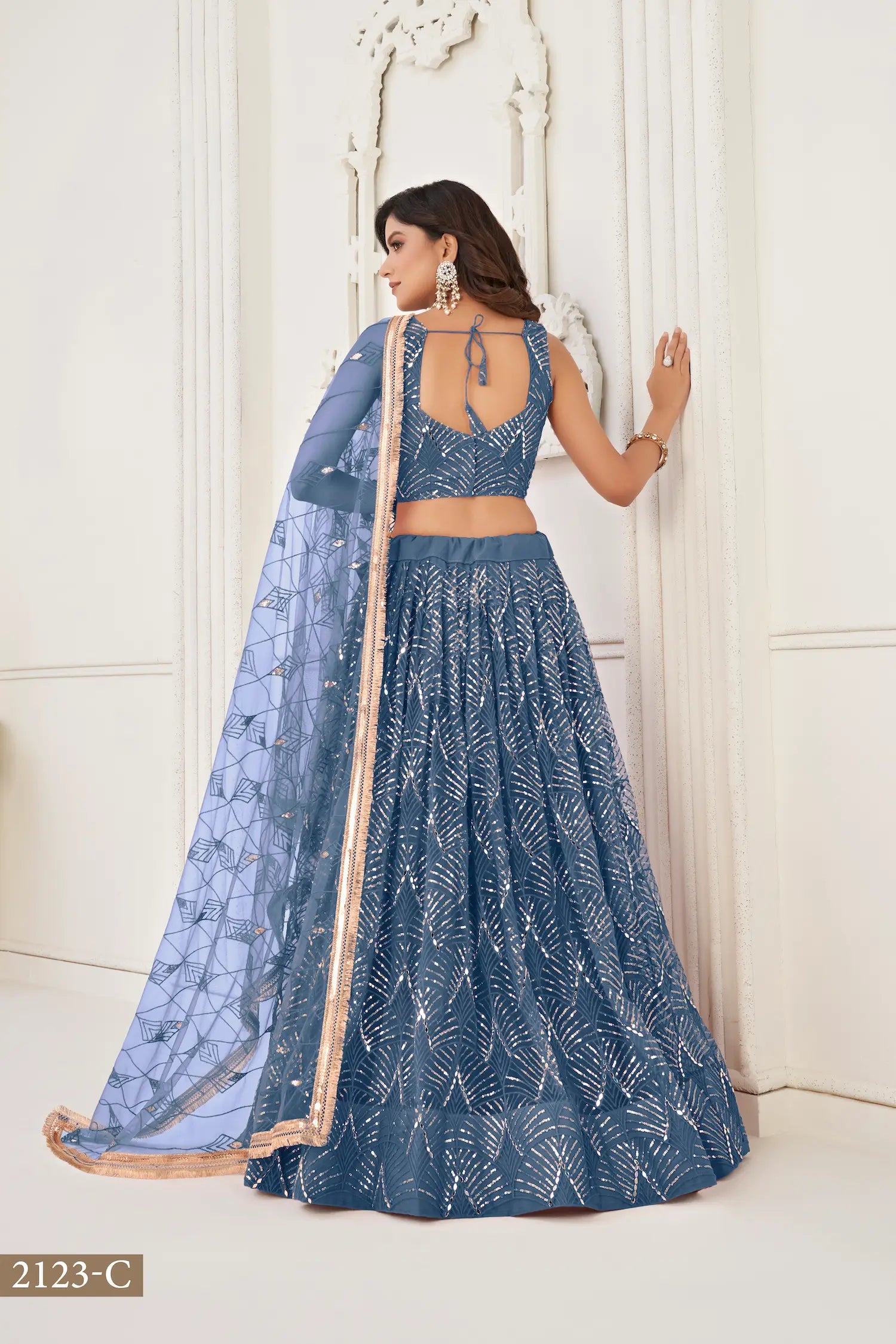 Teal Blue Net Lehenga Choli Thread Work, Mirror Work & Sequence Embroidery Work - qivii