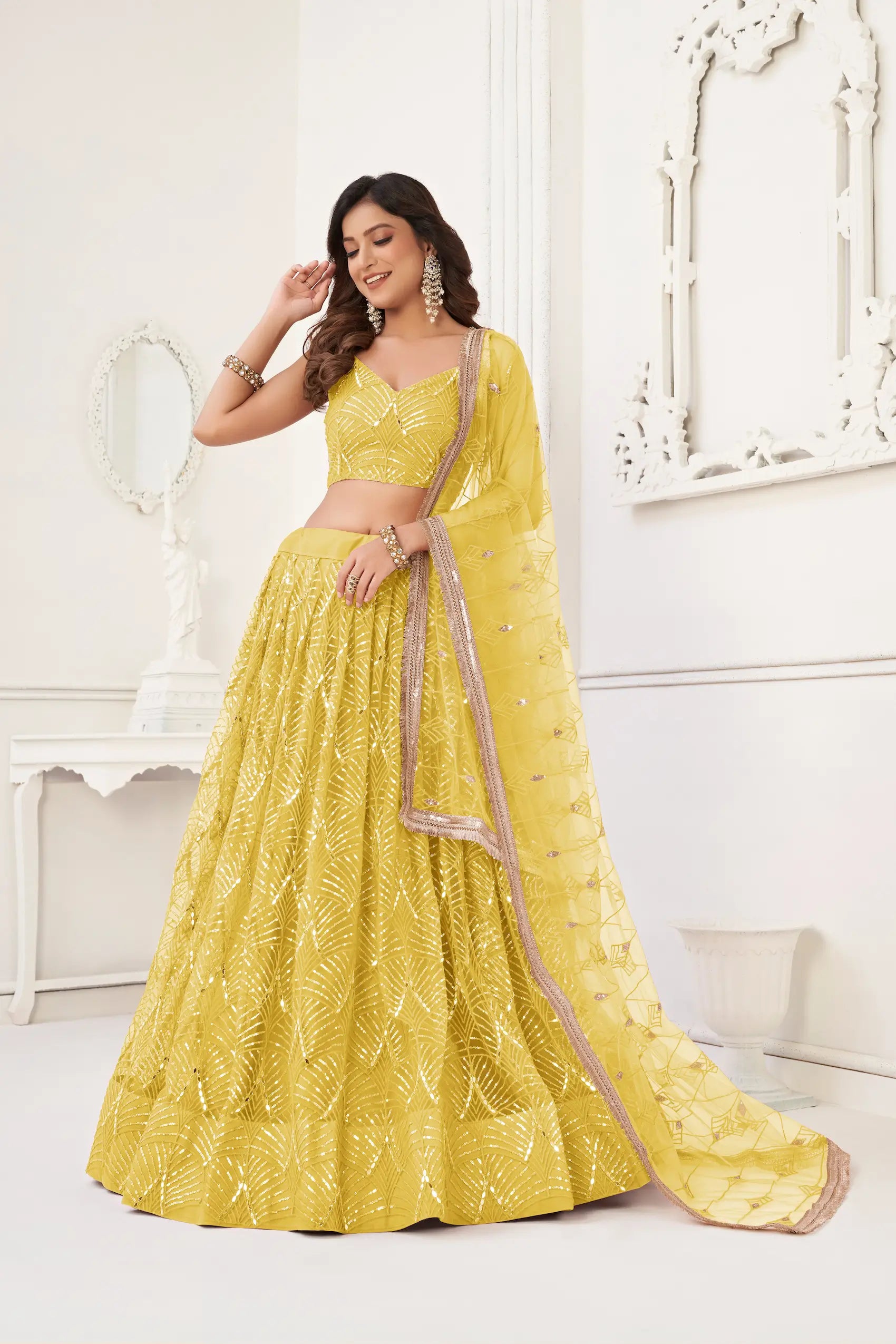 Yellow Net Lehenga Choli Thread Work, Mirror Work & Sequence Embroidery Work - qivii