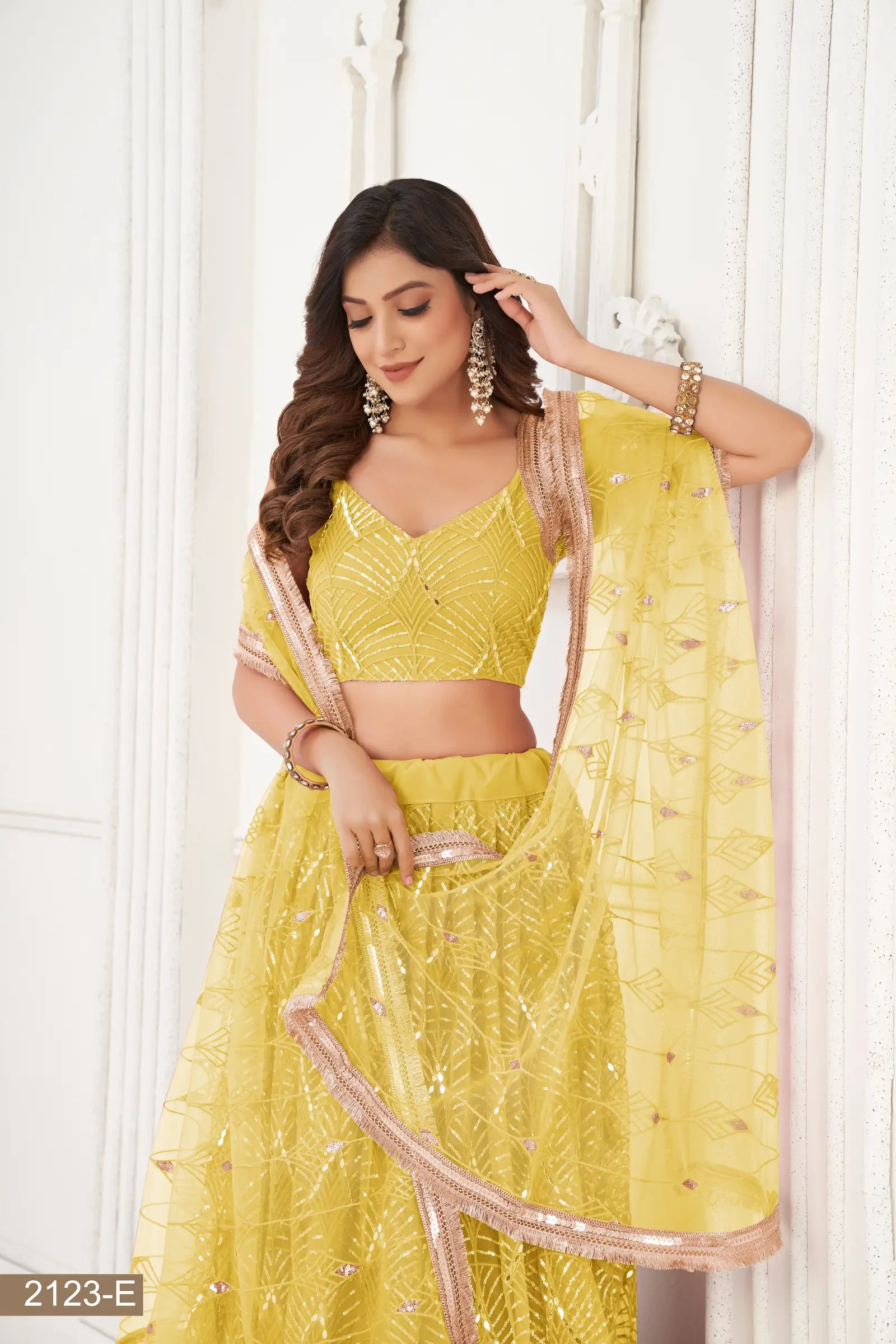 Yellow Net Lehenga Choli Thread Work, Mirror Work & Sequence Embroidery Work - qivii