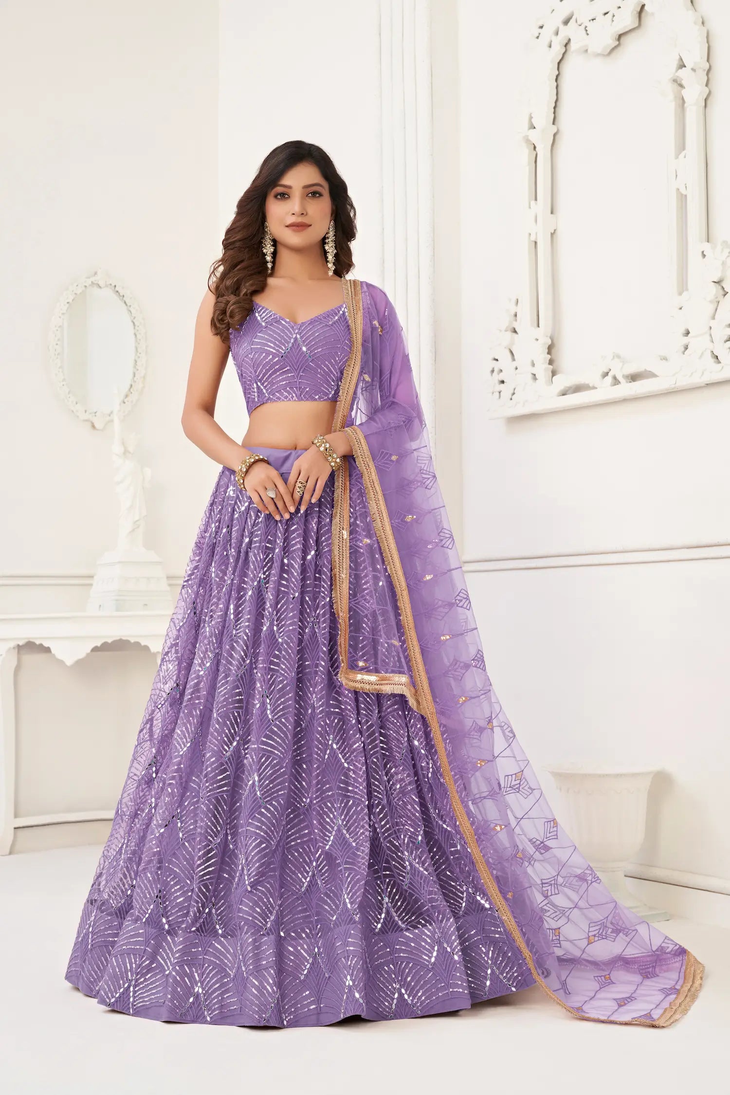 Lavender Net Lehenga Choli Thread Work, Mirror Work & Sequence Embroidery Work - qivii
