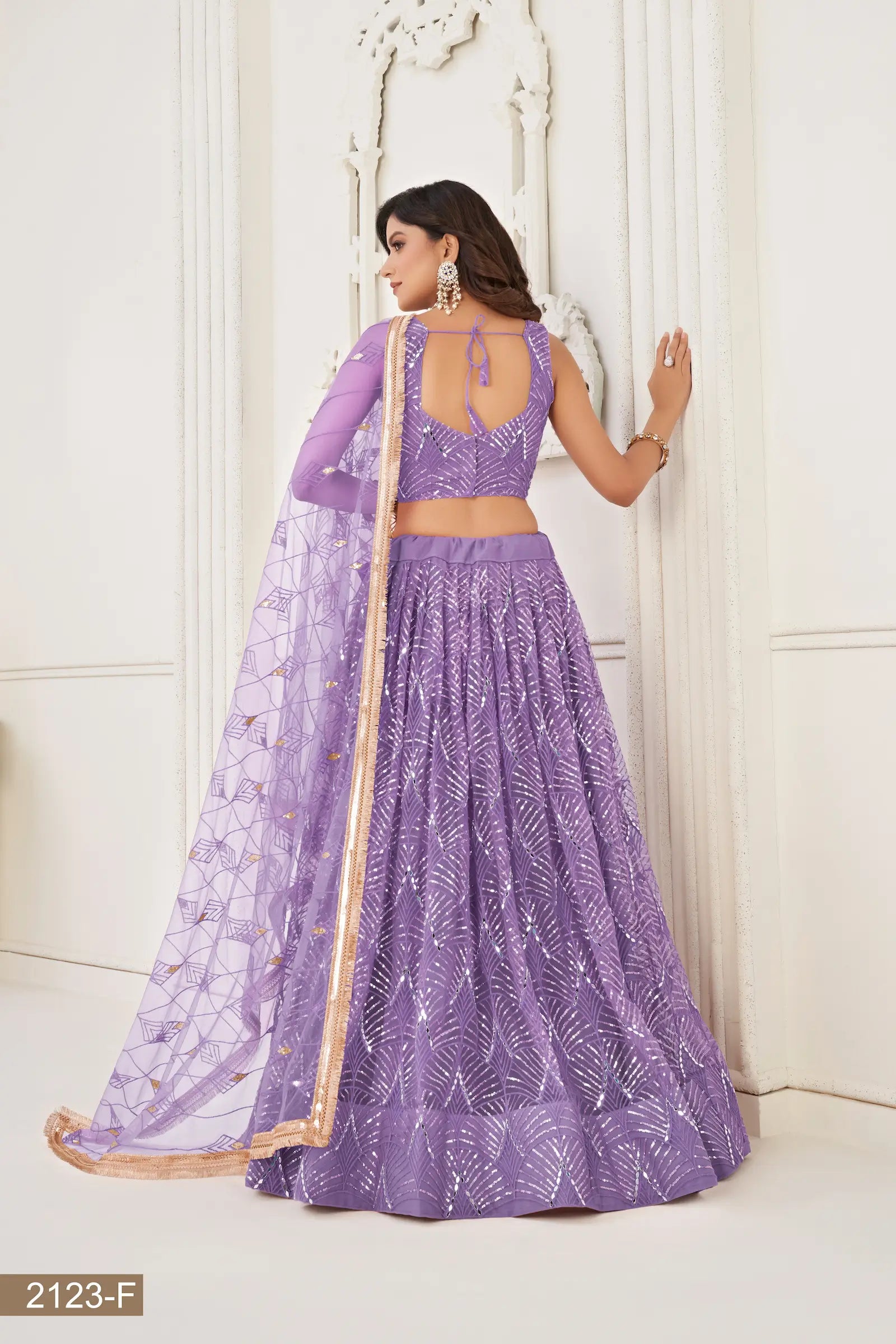Lavender Net Lehenga Choli Thread Work, Mirror Work & Sequence Embroidery Work - qivii