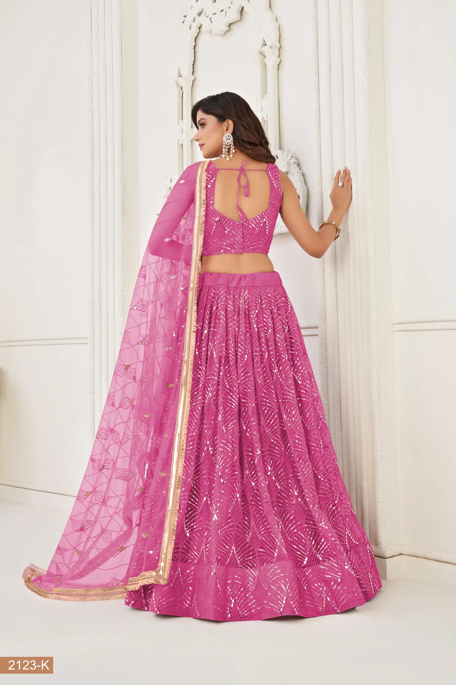 Pink Net Lehenga Choli Thread Work, Mirror Work & Sequence Embroidery Work - qivii