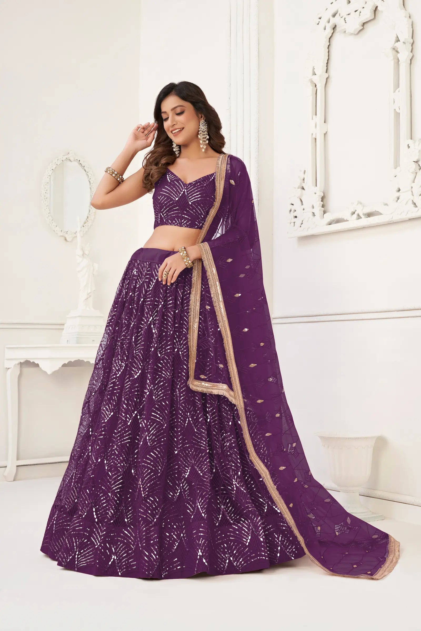 Wine Net Lehenga Choli Thread Work, Mirror Work & Sequence Embroidery Work - qivii