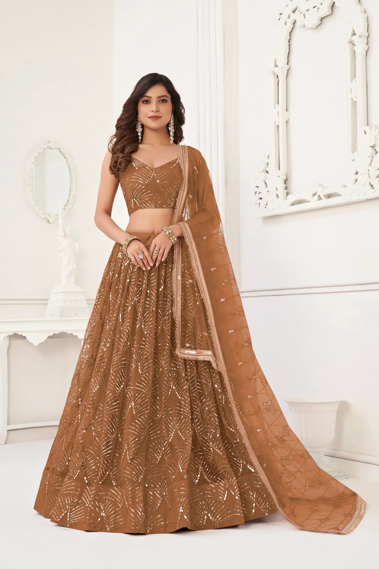 Brown Net Lehenga Choli Thread Work, Mirror Work & Sequence Embroidery Work - qivii