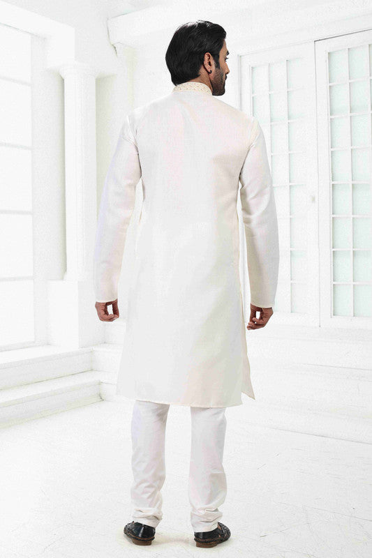 Men's Cream Linen Cotton Thread Work Collar Neck Pajama Set