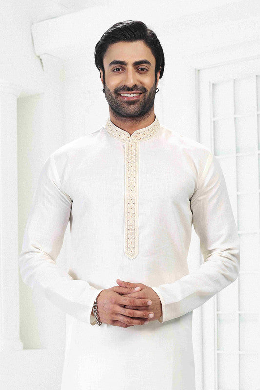 Men's Cream Linen Cotton Thread Work Collar Neck Pajama Set