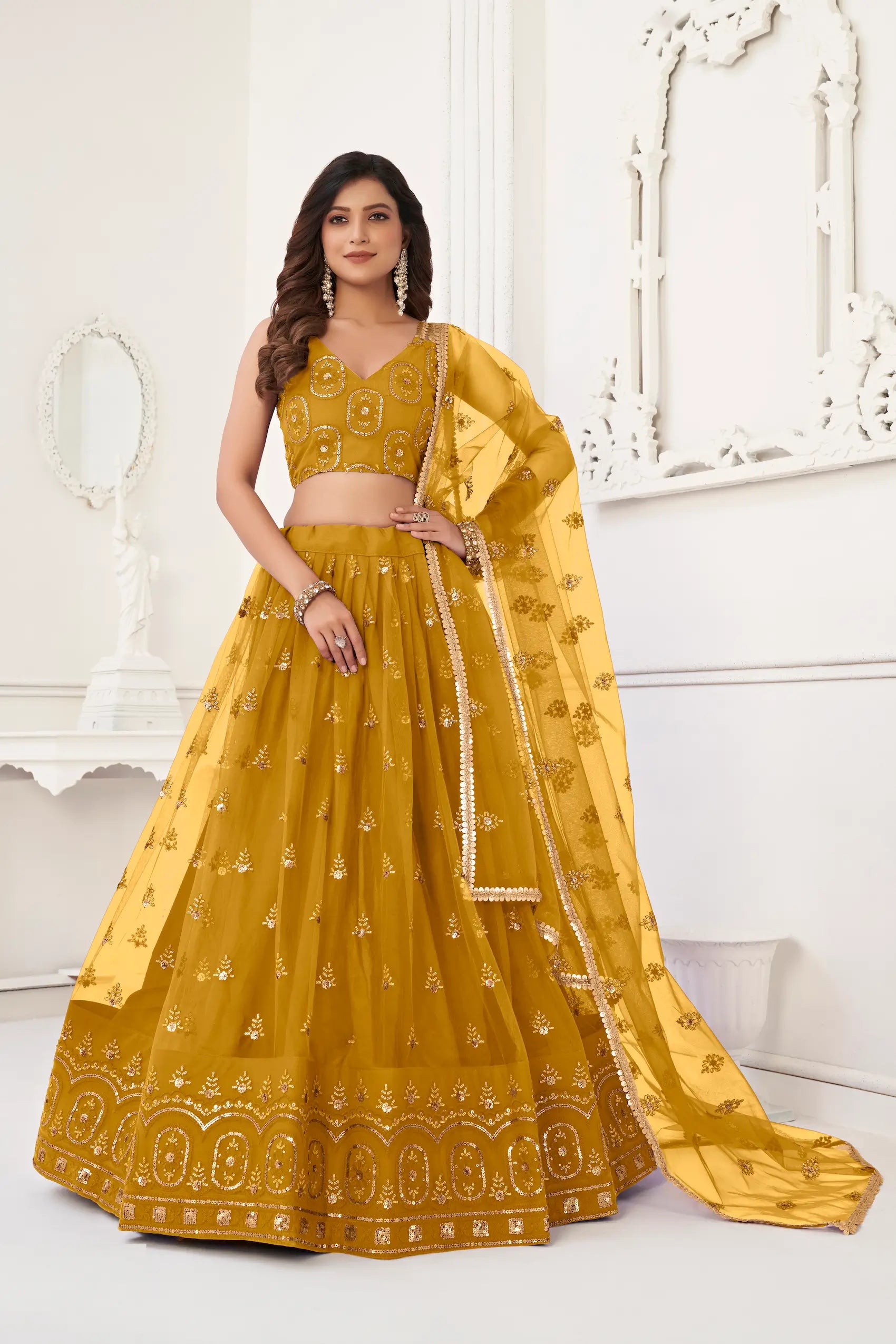 Mustard Net Lehenga Choli With Thread Work & Sequence Work - qivii