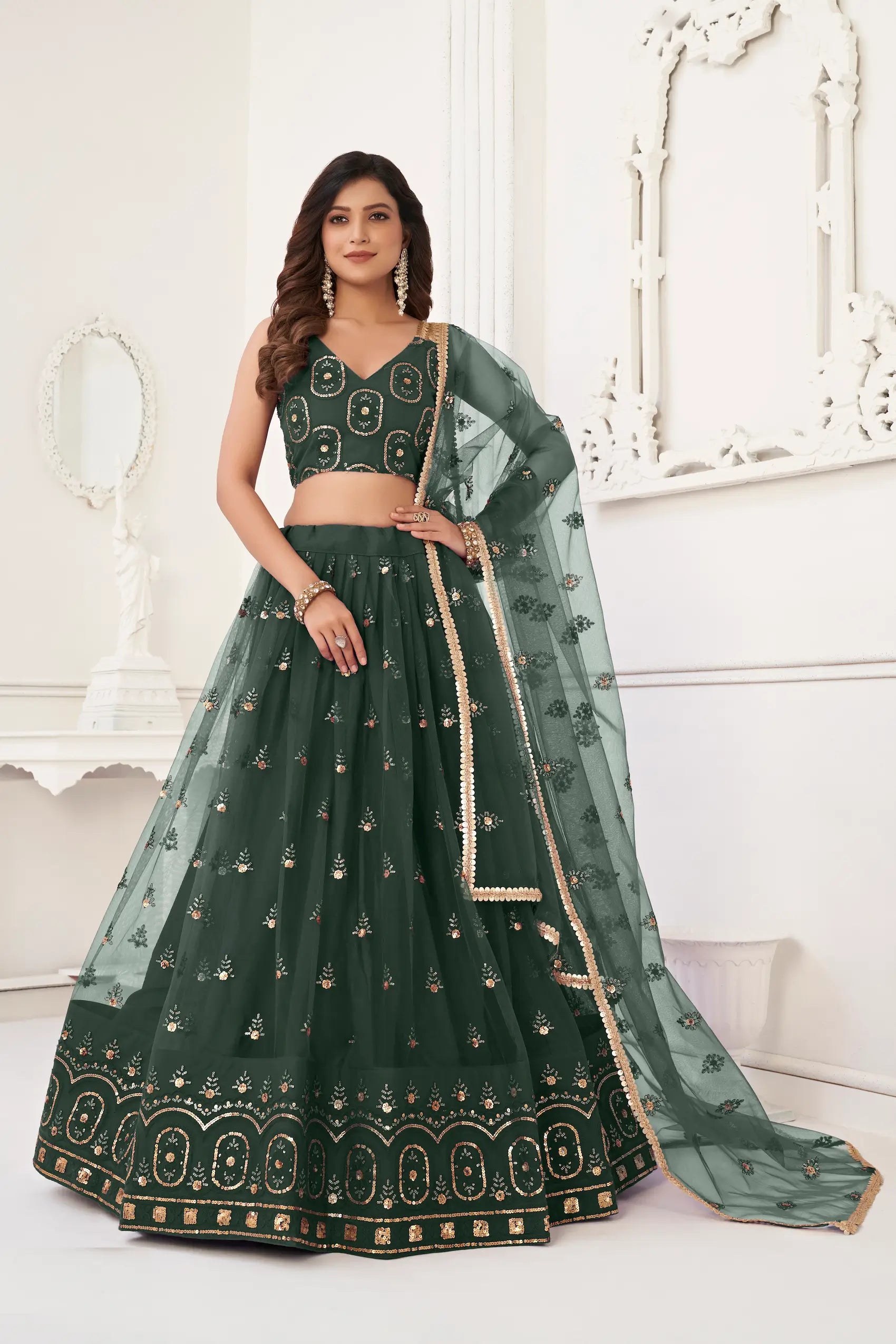 Dark Green Net Lehenga Choli With Thread Work & Sequence Work - qivii