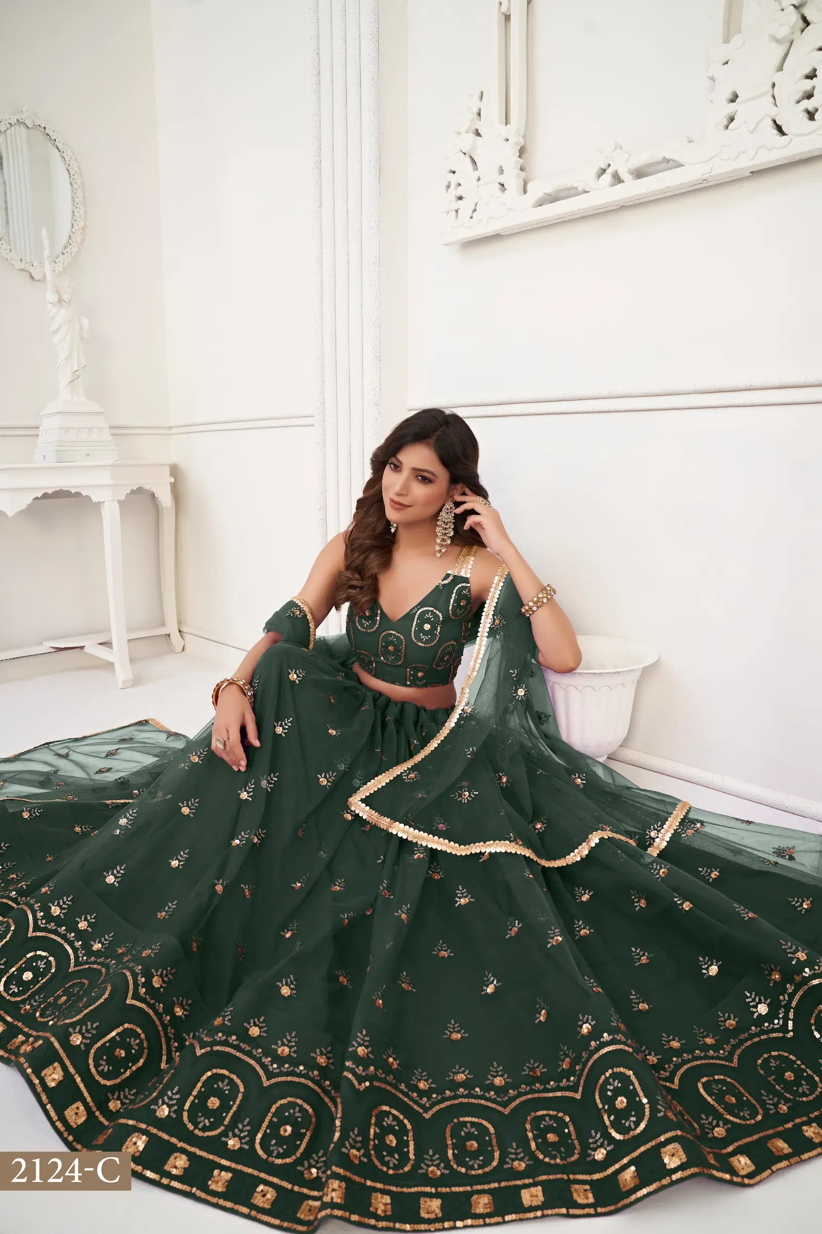 Dark Green Net Lehenga Choli With Thread Work & Sequence Work - qivii