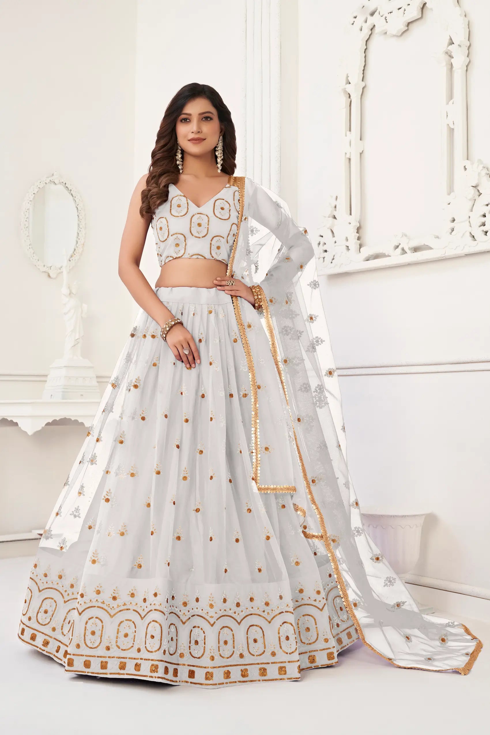 Off White Net Lehenga Choli With Thread Work & Sequence Work - qivii