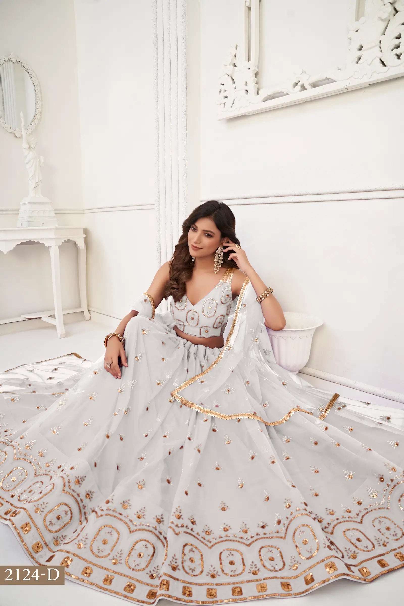 Off White Net Lehenga Choli With Thread Work & Sequence Work - qivii