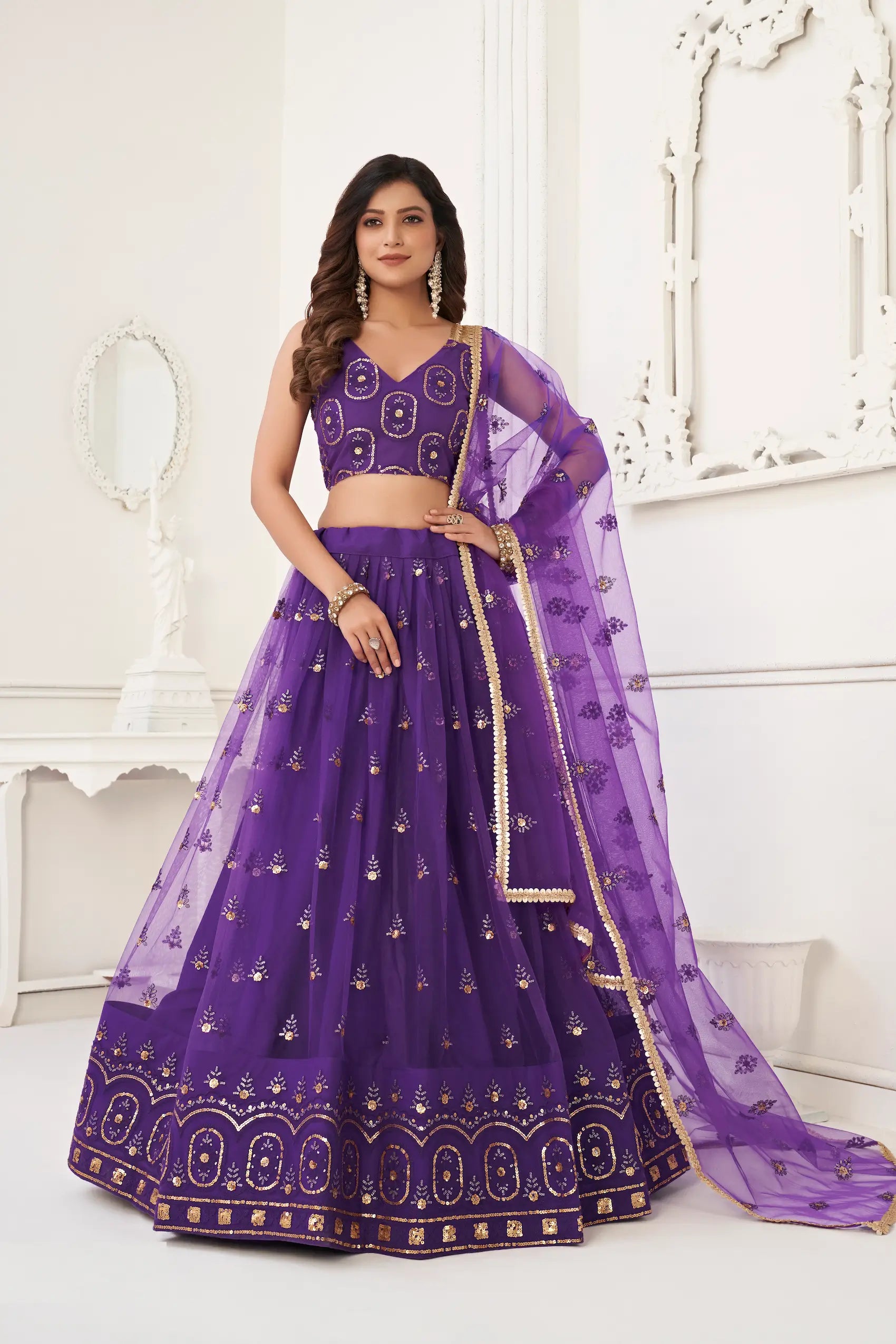 Purple Net Lehenga Choli With Thread Work & Sequence Work - qivii