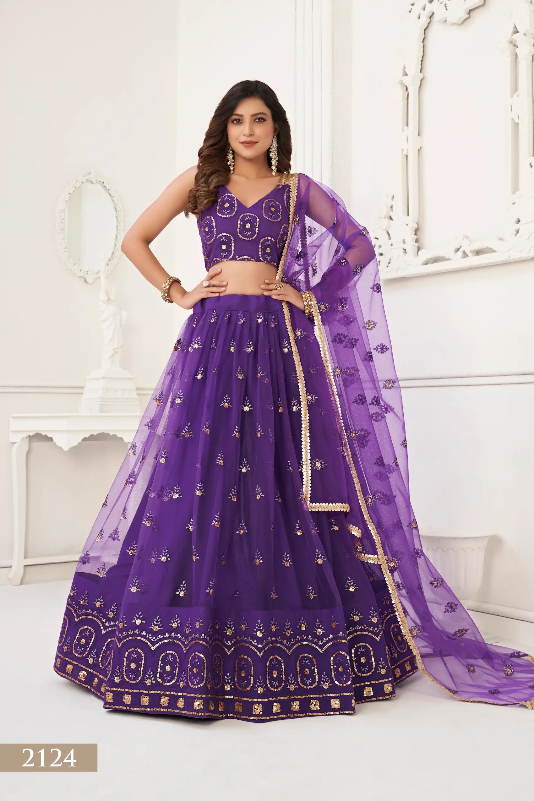 Purple Net Lehenga Choli With Thread Work & Sequence Work - qivii