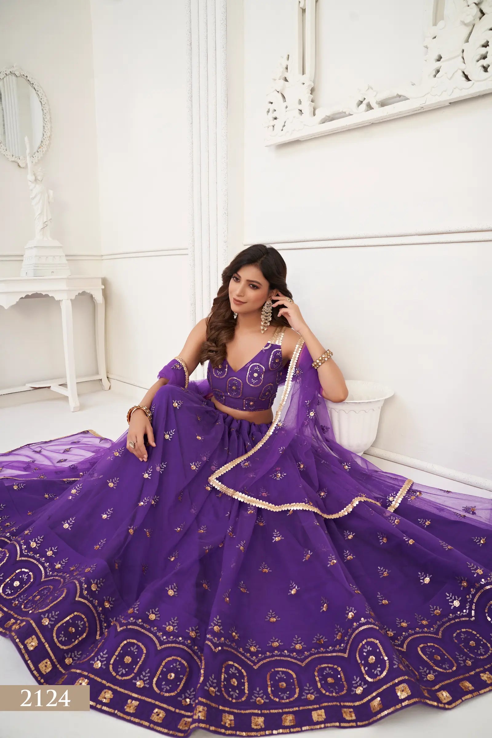 Purple Net Lehenga Choli With Thread Work & Sequence Work - qivii