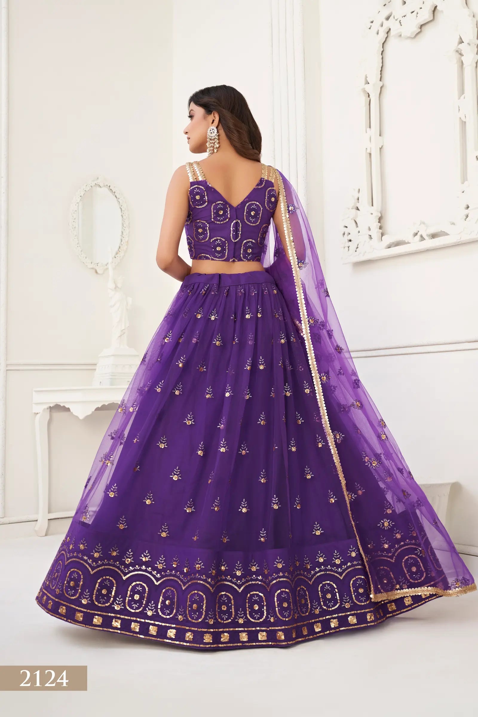 Purple Net Lehenga Choli With Thread Work & Sequence Work - qivii