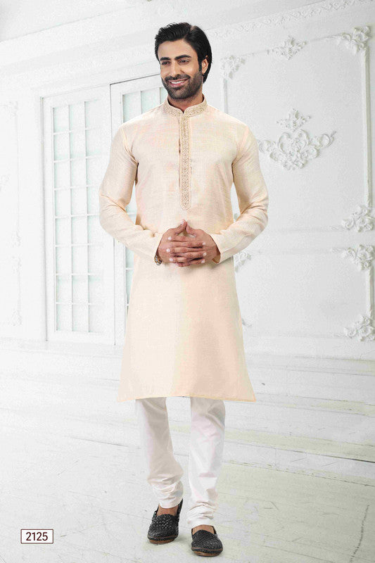 Men's Beige Linen Cotton Thread Work Collar Neck Pajama Set