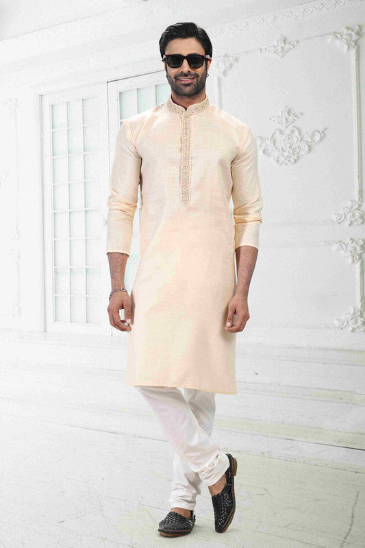 Men's Beige Linen Cotton Thread Work Collar Neck Pajama Set
