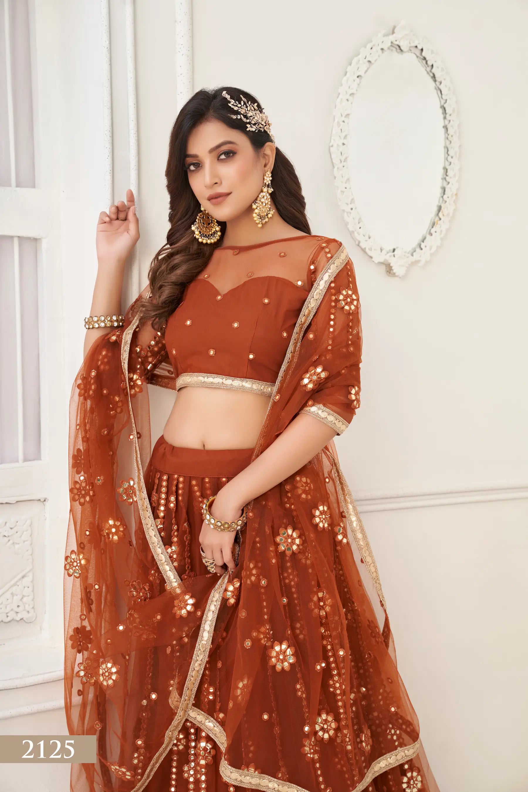 Brown Net Lehenga Choli With Thread Work & Paper Mirror Work With Fancy Lace - qivii