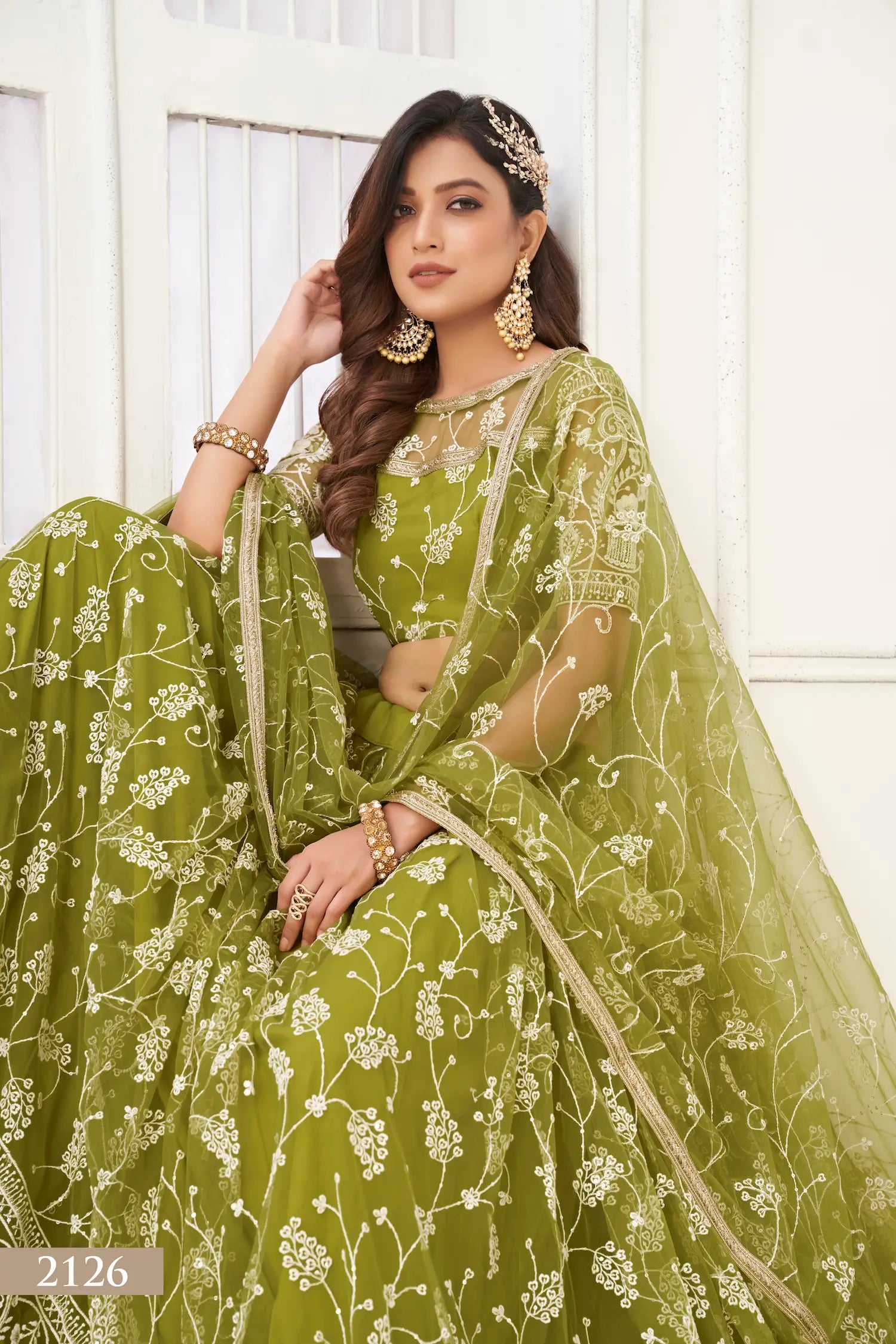 Olive Green Net Lehenga Choli With White Cotton Thread Work, Zari Work & Sequence Work - qivii