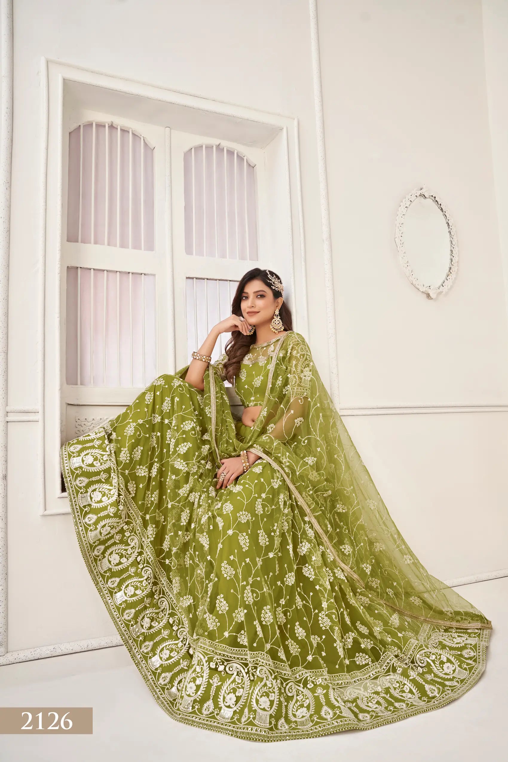 Olive Green Net Lehenga Choli With White Cotton Thread Work, Zari Work & Sequence Work - qivii