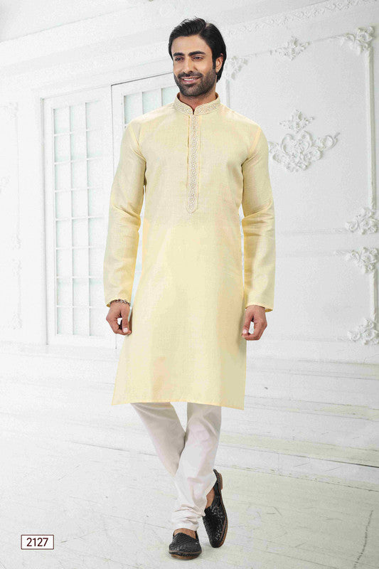 Men's Yellow Linen Cotton Thread Work Collar Neck Pajama Set