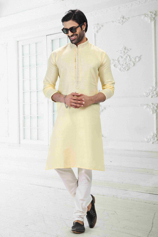 Men's Yellow Linen Cotton Thread Work Collar Neck Pajama Set