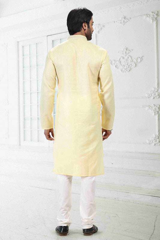 Men's Yellow Linen Cotton Thread Work Collar Neck Pajama Set