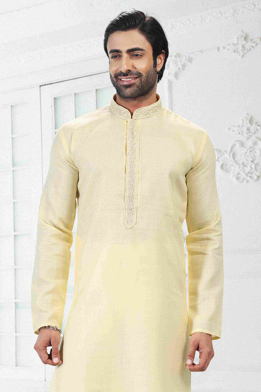 Men's Yellow Linen Cotton Thread Work Collar Neck Pajama Set