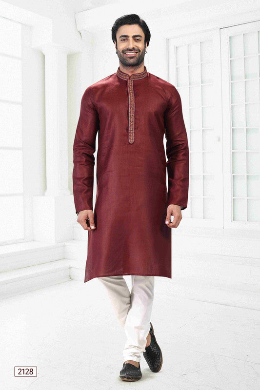 Men's Maroon Linen Cotton Thread Work Collar Neck Pajama Set