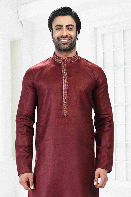 Men's Maroon Linen Cotton Thread Work Collar Neck Pajama Set
