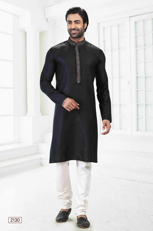 Men's Black Linen Cotton Thread Work Collar Neck Pajama Set