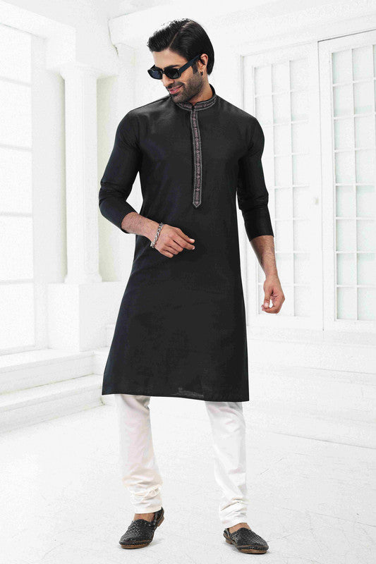 Men's Black Linen Cotton Thread Work Collar Neck Pajama Set