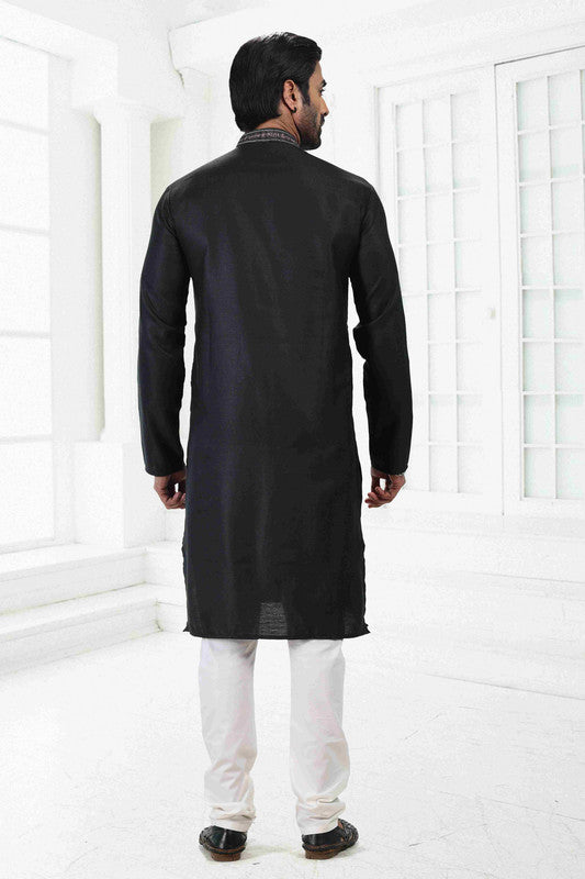 Men's Black Linen Cotton Thread Work Collar Neck Pajama Set